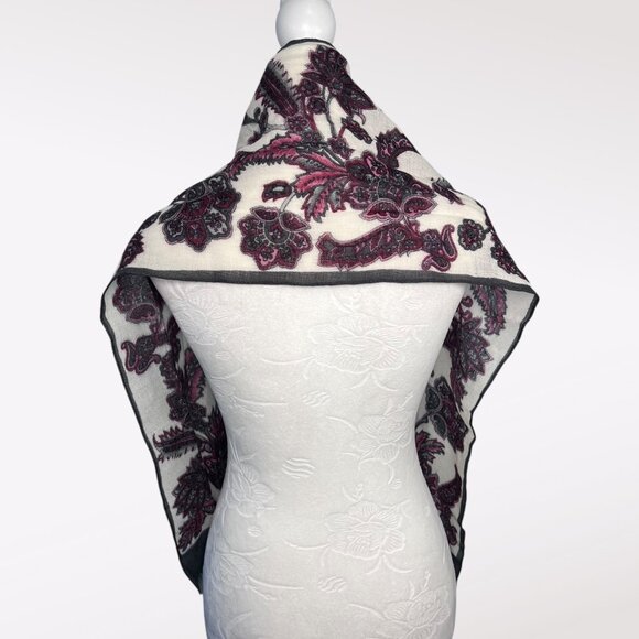 Vintage Floral Print Wool Blend Rectangle Scarf Gray Red White - Picture 4 of 7